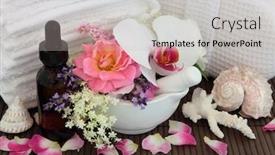  Presentation with aromatherapy - Slide set having spa and aromatherapy accessories with orchid rose elderflower spirea and lavender herb flower blossom background and a light gray colored foreground