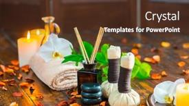  Presentation with spa meditation - Colorful slide set enhanced with spa-background-towel-candles-flowers backdrop and a tawny brown colored foreground