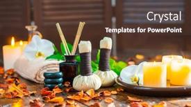  Presentation with spa herbal balls - Audience pleasing presentation design consisting of spa-background-towel-candles-flowers backdrop and a tawny brown colored foreground