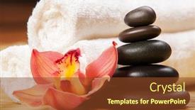  Presentation with massage therapy - Theme with spa background white towels on exotic plant beautiful orchid flower and balancing stones for relax spa massage and body treatment asian medicine with aroma and stone therapy for beauty healthy body background and a tawny brown colored foreground
