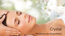  Presentation with green beauty - Presentation theme consisting of spa beauty people and body care concept - beautiful woman getting face treatment over green natural background background and a coral colored foreground