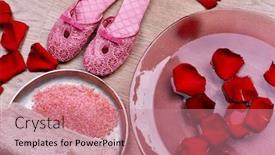  Presentation with water treatment - Cool new presentation design with spa bowl with water rose petals towel and slippers on light background concept of pedicure or natural spa treatment backdrop and a coral colored foreground