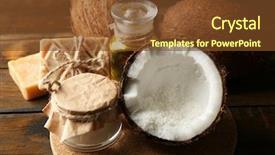  Presentation with coconut product - Colorful slide set enhanced with spa coconut products on dark wooden background backdrop and a tawny brown colored foreground