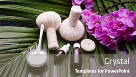  Presentation with palm oil - Slide set with spa composition of pink orchid candle cream in bowl herbal ball candle bottle oil on green palm leaf background and a violet colored foreground