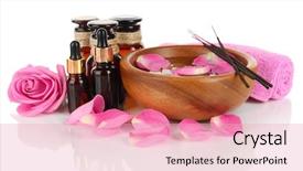  Presentation with oils - PPT theme consisting of spa composition with aroma oils isolated on white background and a lemonade colored foreground