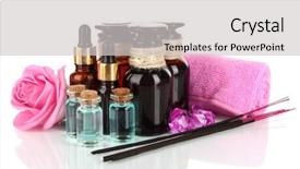  Presentation with oils - Presentation theme with spa composition with aroma oils isolated on white background and a light gray colored foreground