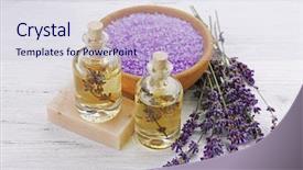  Presentation with oils - Colorful theme enhanced with spa composition with lavender essential oils closeup backdrop and a lemonade colored foreground