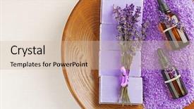  Presentation with oils - Beautiful presentation featuring spa composition with lavender essential oils closeup backdrop and a soft green colored foreground