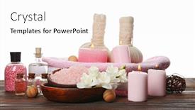  Presentation with table salt - Beautiful presentation theme featuring spa composition with sea salt in a bowl massage balls and flowers on wooden table against white background backdrop and a white colored foreground