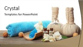  Presentation with table salt - Theme with spa composition with sea salt in a bowl massage balls and flowers on wooden table against white background background and a white colored foreground