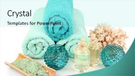  Presentation with salt - Presentation theme featuring three glass candlesticks colour - spa composition with towels background and a arctic colored foreground