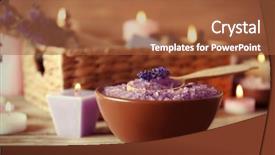  Presentation with spa concept - Presentation theme having spa concept bowl with lavender sea salt and candles on wooden background background and a red colored foreground