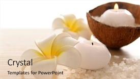  Presentation with white candles - Slide deck having spa concept of plumeria coconut and candles with sea salt isolated on white background and a lemonade colored foreground