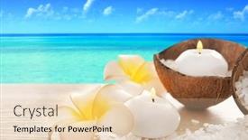  Presentation with plumeria - Cool new theme with spa concept of plumeria coconut and candles with sea salt on seascape background backdrop and a lemonade colored foreground