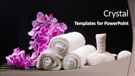  Presentation with spa concept - PPT theme having spa concept with pink orchid with rolled towel oil bottle candle herbal ball green leaf on long pant stem background and a black colored foreground