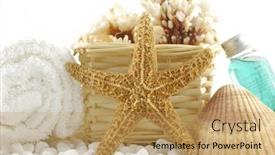  Presentation with sea shells - Presentation consisting of spa essentials and skin care items with starfish and sea shells on white pebble background and a coral colored foreground
