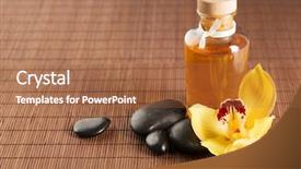  Presentation with essential oil - Cool new theme with spa health and beauty concept - closeup of essential oil massage stones and orchid flower backdrop and a coral colored foreground