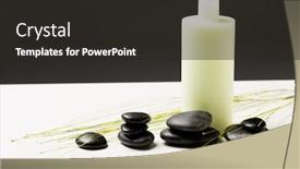  Presentation with shampoo - Cool new theme with spa health and beauty concept - closeup of shampoo bottle massage stones and green plant backdrop and a dark gray colored foreground