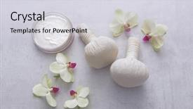  Presentation with herbal medicine healing herbs mortar - Presentation design with spa herbal compressing ball background and a sky blue colored foreground