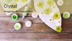  Presentation with tropical flowers close up - Presentation theme with spa maintenance - candles with flowers on plate background and a yellow colored foreground