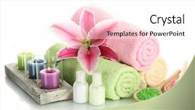  Presentation with white candles - Presentation theme having spa maintenance - towels with lily aroma oil background and a white colored foreground