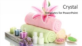  Presentation with white candles - Theme consisting of spa maintenance - towels with lily aroma oil background and a pink colored foreground