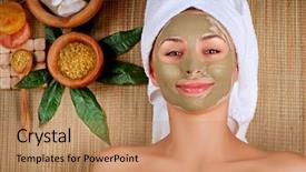  Presentation with spa salon - Cool new PPT layouts with spa mud mask woman backdrop and a coral colored foreground