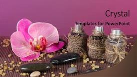  Presentation with oil and gas - Theme enhanced with spa oil on wooden mat background and a  colored foreground