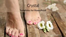  Presentation with rustic - Theme consisting of spa pedicure - beautiful female legs on rustic background and a coral colored foreground