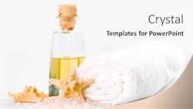  Presentation with oil products - Slide set having spa products sea salt towel oil and stars background and a white colored foreground