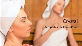  Presentation with spa meditation relaxing - Amazing PPT theme having spa relaxing in wooden sauna backdrop and a coral colored foreground
