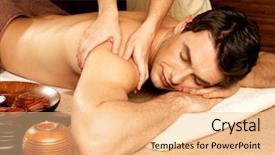  Presentation with masseur doing massage spa - Slide deck enhanced with wooden picnic table with two baskets and fruits near country house at summertime background and a tawny brown colored foreground