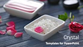  Presentation with blue spa - Audience pleasing PPT theme consisting of spa sea salt in bowl and flowers on blue wooden background backdrop and a dark gray colored foreground