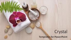  Presentation with spa stones leaves - Beautiful slide set featuring spa setting concept with oil backdrop and a soft green colored foreground