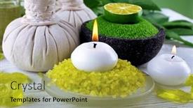  Presentation with green color - PPT layouts with spa still life in green color on wooden table closeup background and a yellow colored foreground