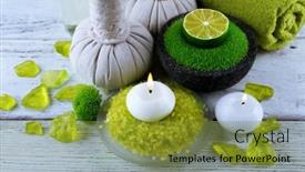  Presentation with green color - PPT layouts having spa still life in green color on wooden table closeup background and a gold colored foreground