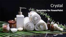  Presentation with eucalyptus - Colorful presentation theme enhanced with spa still life of green eucalyptus herbal ball and candles rolled towel oil bottle on green palm with redflection backdrop and a black colored foreground