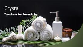  Presentation with eucalyptus - Slide deck having spa still life of green eucalyptus herbal ball and candles rolled towel oil bottle on green palm with redflection background and a black colored foreground