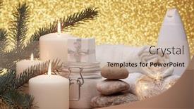  Presentation with gold cosmetic - PPT theme featuring spa still life with cosmetic creams candles fir branches gift boxes and christmas ornaments on a gold background new year and christmas vacation healthy lifestyle body care spa treatment concept background and a soft green colored foreground