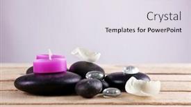  Presentation with white candles - Audience pleasing slide set consisting of spa stones purple candles and white petals on wooden table against grey background backdrop and a sky blue colored foreground