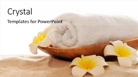  Presentation with plumeria - Amazing slide set having spa towel with plumeria and bamboo on sand isolated on white backdrop and a white colored foreground