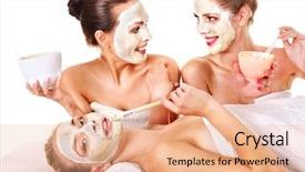  Presentation with hero mask woman - Slide set consisting of spa treatment - young woman getting facial mask background and a coral colored foreground