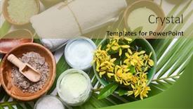  Presentation with frangipani flowers - Colorful theme enhanced with spa-wellness-setting-with-fresh backdrop and a coral colored foreground