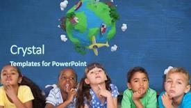 Presentation with earth kids - Presentation design enhanced with digital composite of kids thinking together and blue wall with planet earth world background and a coral colored foreground