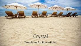  Presentation with beach sands - Colorful presentation design enhanced with space backgrounds - sunbeds on beautiful sandy beach backdrop and a  colored foreground