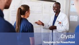  Presentation with apprentice - Cool new slide deck with space engineering - engineer instructing apprentice at white backdrop and a ocean colored foreground