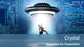  Presentation with puzzly pieces flying in - Colorful slide deck enhanced with space invaders - flying saucer abducting young businessman backdrop and a  colored foreground