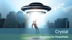  Presentation with puzzly pieces flying in - Audience pleasing PPT layouts consisting of space invaders - flying saucer abducting young businessman backdrop and a  colored foreground