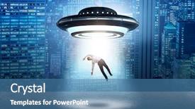  Presentation with flying - Slide deck featuring space invaders - flying saucer abducting young businessman background and a  colored foreground