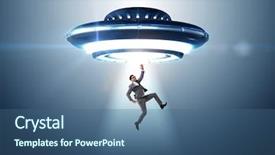  Presentation with puzzly pieces flying in - Beautiful PPT theme featuring space invaders - flying saucer abducting young businessman backdrop and a ocean colored foreground